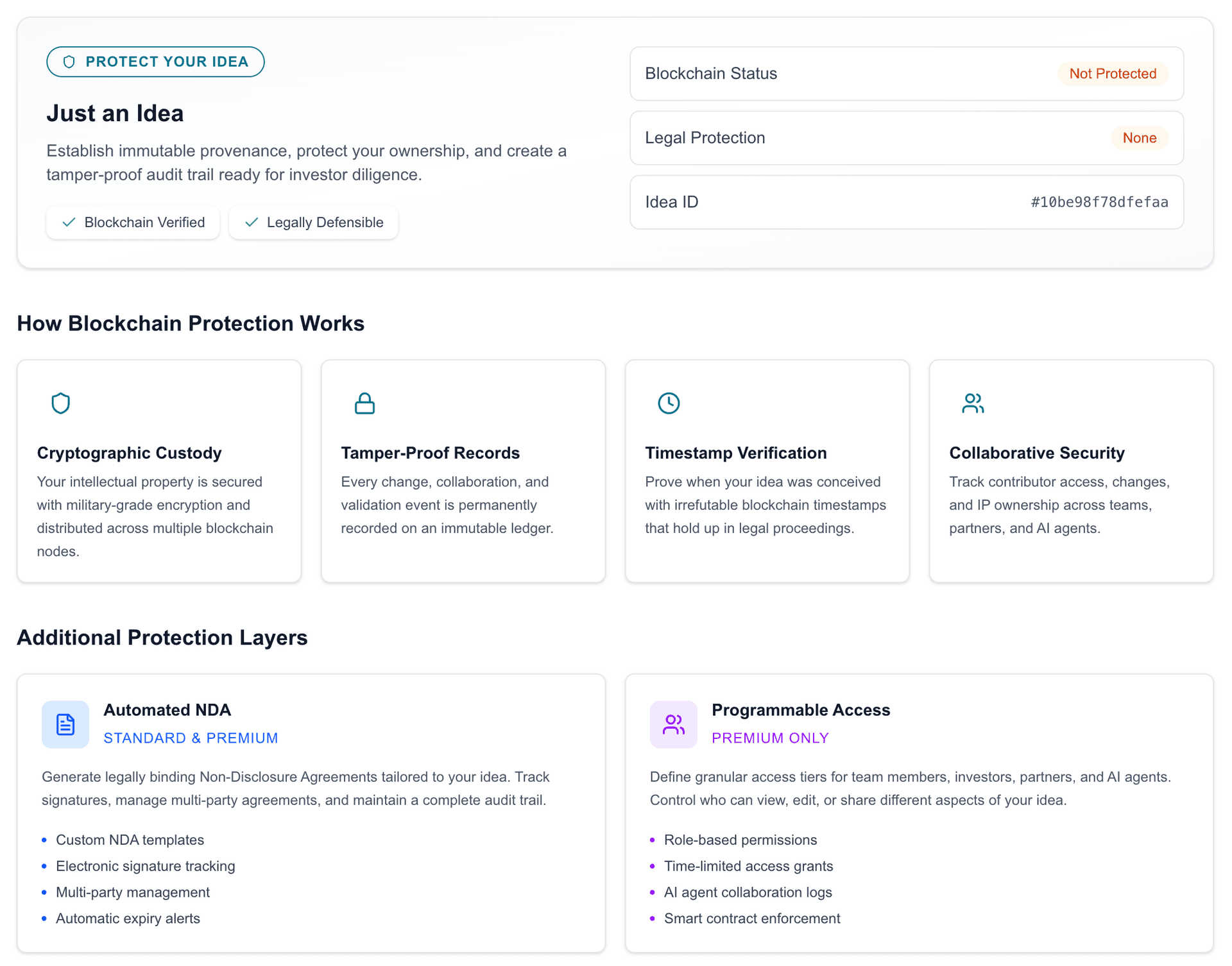 IP Protection interface showing blockchain security features
